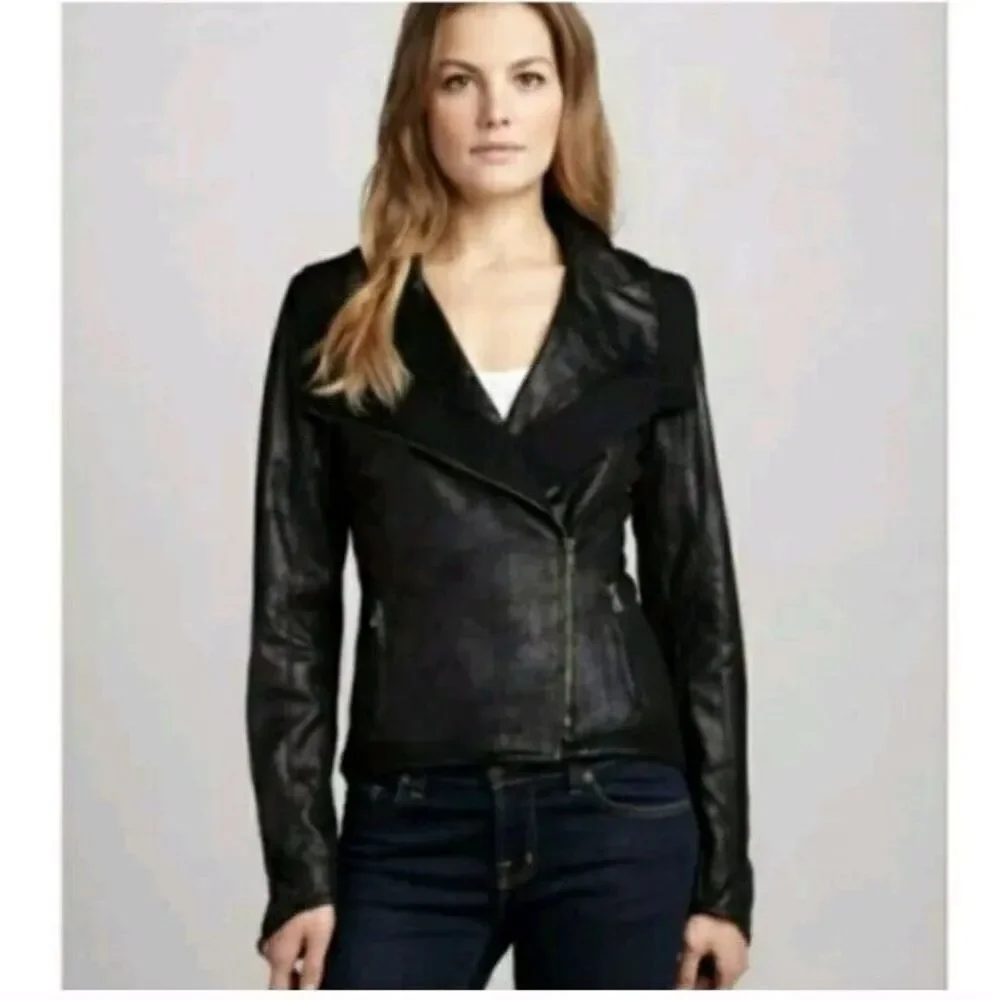 SW3 Bespoke Women's Zip-Front‎ Stretch Long Sleeve Moto Jacket Size P Black